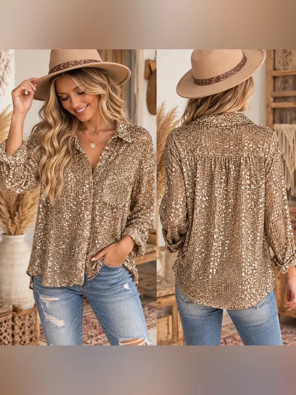 POL Gold Sequin Button-Down Shirt - Image 2