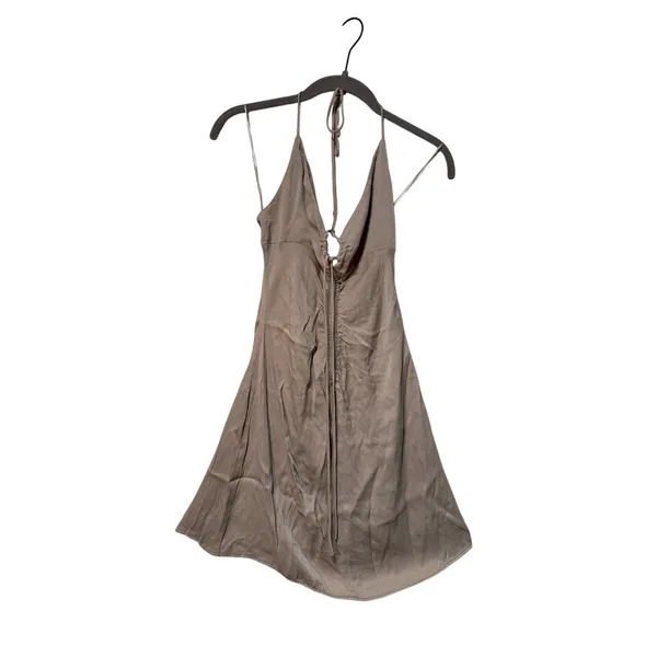Zara Taupe Halter Mini Dress Womens XS Open Back Ruched Tie A Line Made Turkey - Image 5