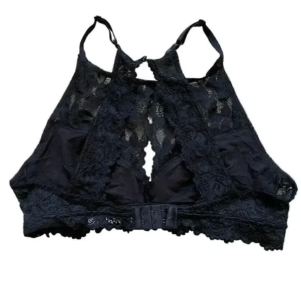 Jenny Jen Black Embroidered Floral Lace RACERBACK PADDED BRALETTE Spandex SZ L - Image 2