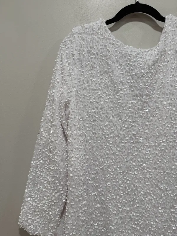 White Sequin Open Back Bow Detail Shift Dress Size Large - Image 3