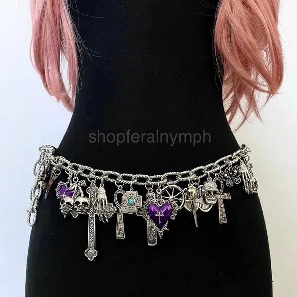 Silver Y2K Gothic Purple Heart Charm Chain Belt, Fits 14-40 Inches, X7GA1307 - Image 4