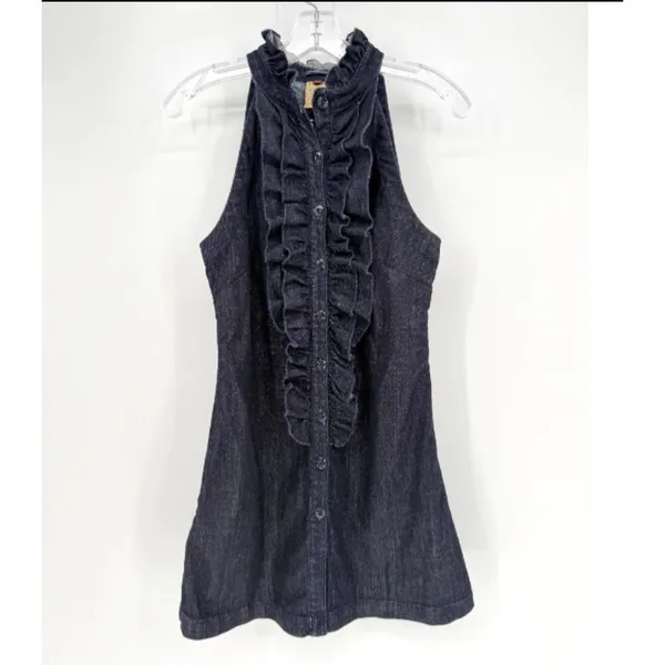 7 For All Mankind Mini Denim Dress Womens M Blue Ruffle Halter Western Preppy - Image 2