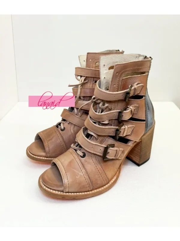 Freebird Braeden Blush Leather Tan Distressed Edgy Buckles Low Heel Sandals 10 - Image 12