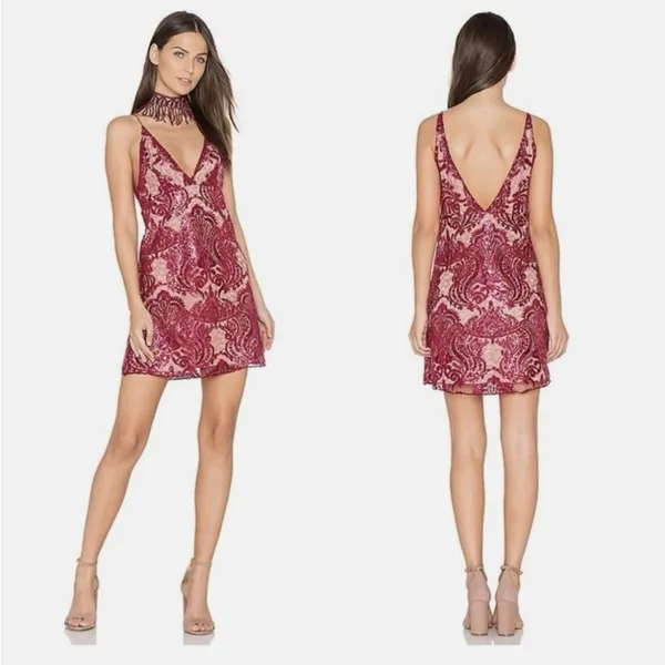 Free People Night Shimmer Mini Slip Dress Lace Sequins Sparkle Raspberry Size 4 - Image 2