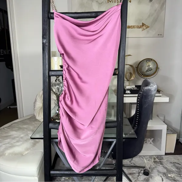 ASTR The Label Trista Satin Mini Dress in Mauve Pink with Gold Chain Straps - Image 7