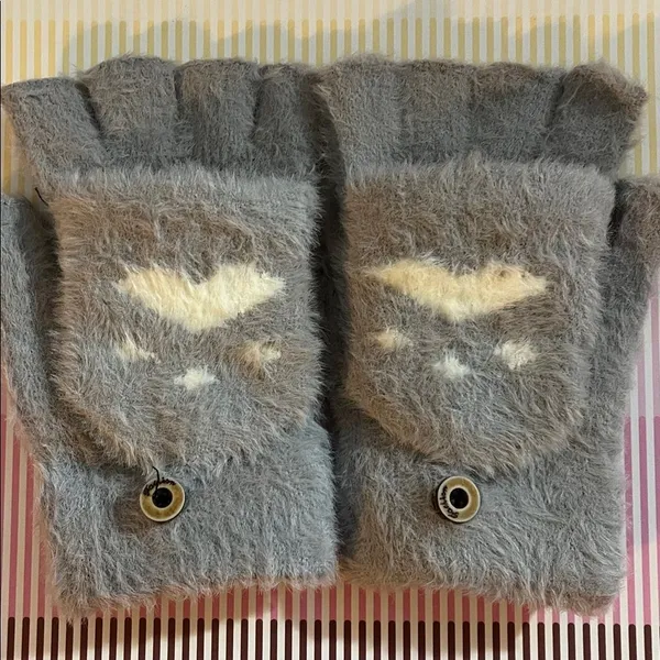 Gray and White Cozy Fingerless Gloves with Paw Print - Image 2