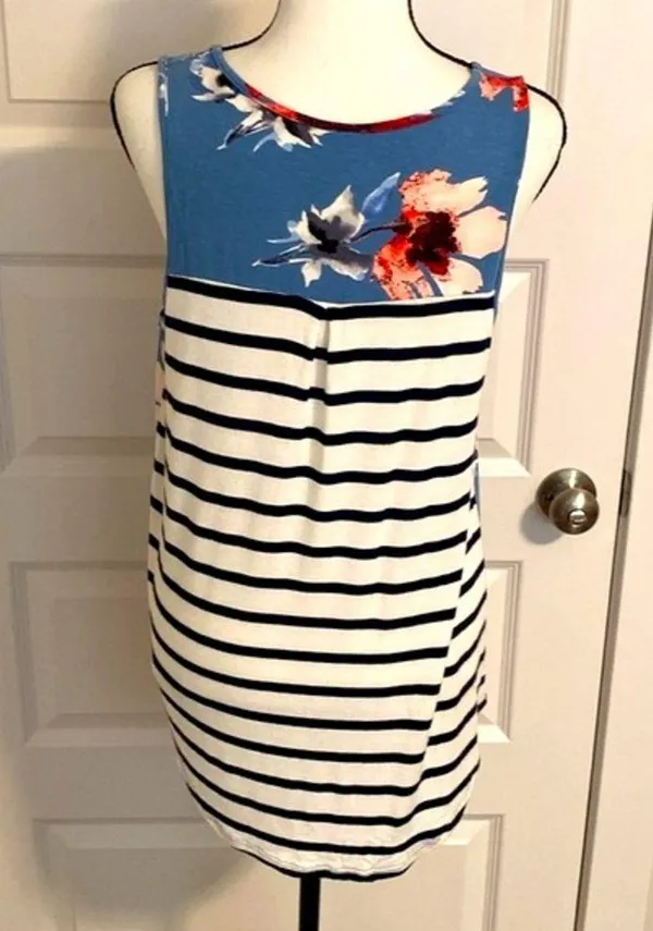 Twenty ten|| Blue floral/ black and white striped buttery soft tank top - Image 4