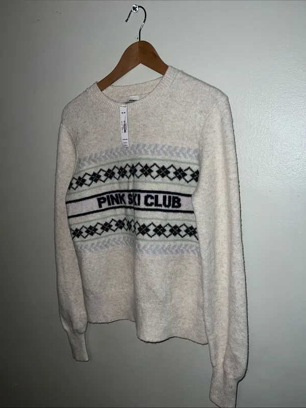 PINK - Victoria's Secret PINK COLLEGIATE KNIT CREWNECK SWEATER MEDIUM SKI CLUB - Image 2
