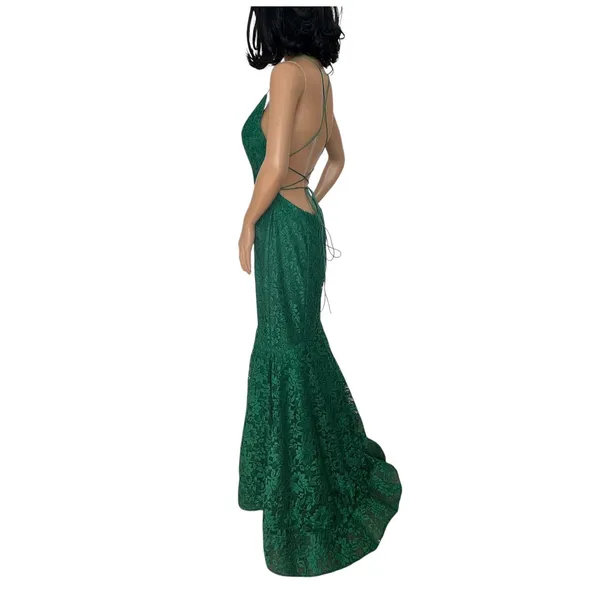 2010s Studio 17 12802 Emerald Beaded Lace Mermaid Prom Gown Open Back Size 8 - Image 3