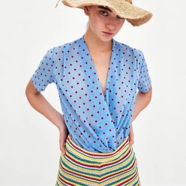ZARA TRAFALUC baby blue red polka dot semi sheer mesh retro top S B18‎ - Image 2