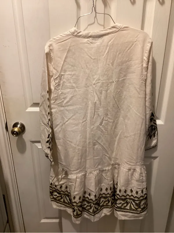 Cream Embroidered V-Neck Mini Dress with Black & Gold Motifs - Image 5
