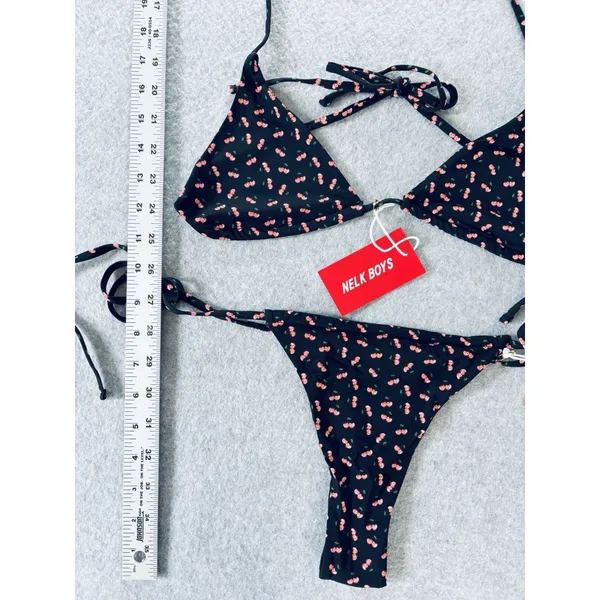 Full Send Cherry Print Bikini Triangle Top Tie String Swimsuit Black Medium New! - Image 6