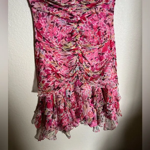 American Vintage Vintage Y2K‎ Muse Asymmetrical Draped Floral Silk Halter Midi Dress Sz 6 Pink - Image 3