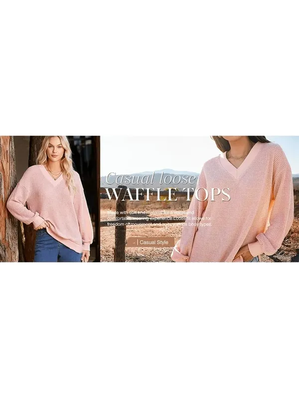 Boutique Waffle Knit Womens V-Neck Long Sleeve Pullover Casual Outfits Loose Top M - Image 7