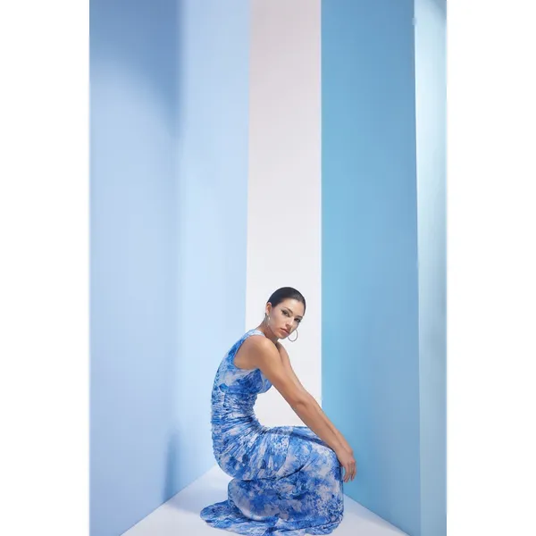 Dress The Population Violetta Maxi Dress XL Blue Floral‎ Pleated Ruched Wedding - Image 3