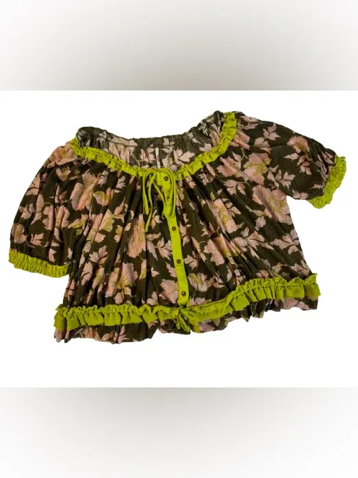 Free People Floral Drawstring V-Neck Crop Top in Olive & Pink - Image 2