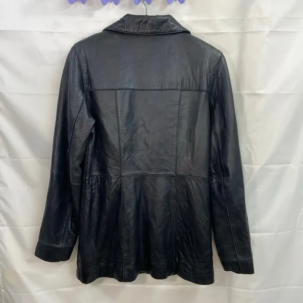 Vintage JLC women's black genuine leather collared button‎ pocket lined jacket M - Image 8