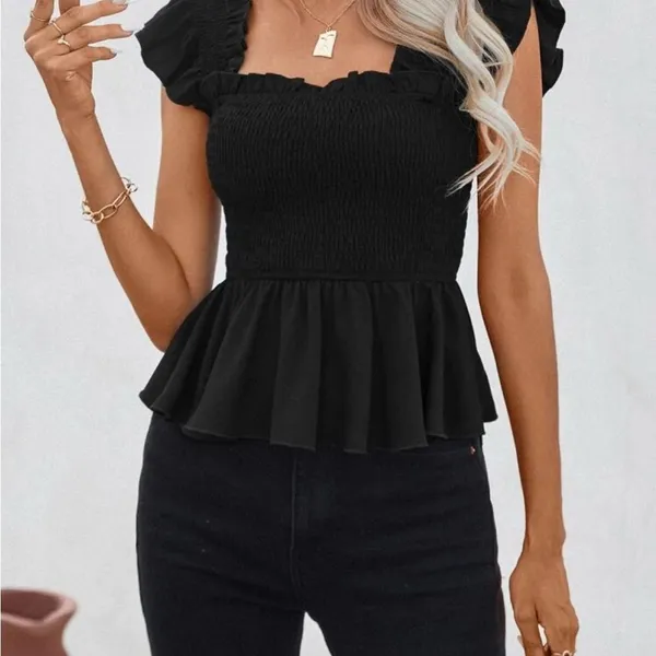 Black Ruffle Smocked Camisole Tank Top Peplum Blouse Medium Size undefined - Image 4
