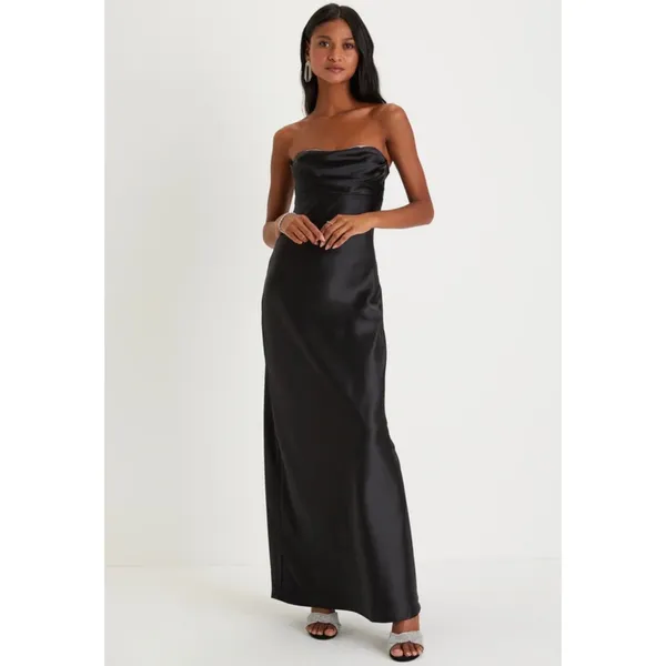 Lulus Exquisite Shine Black Satin Rhinestone Strapless Maxi Dress Gown Med NWT - Image 2