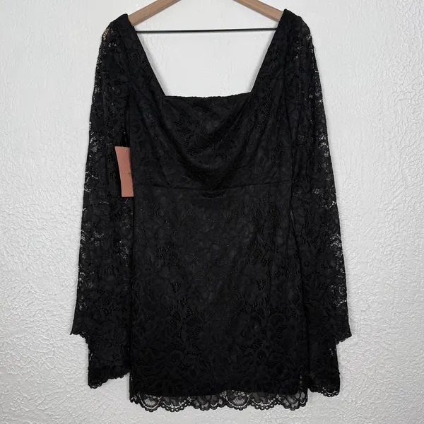 BHLDN Belle Long Sleeve Square Neck Lace Mini Dress Black Medium NWT - Image 3