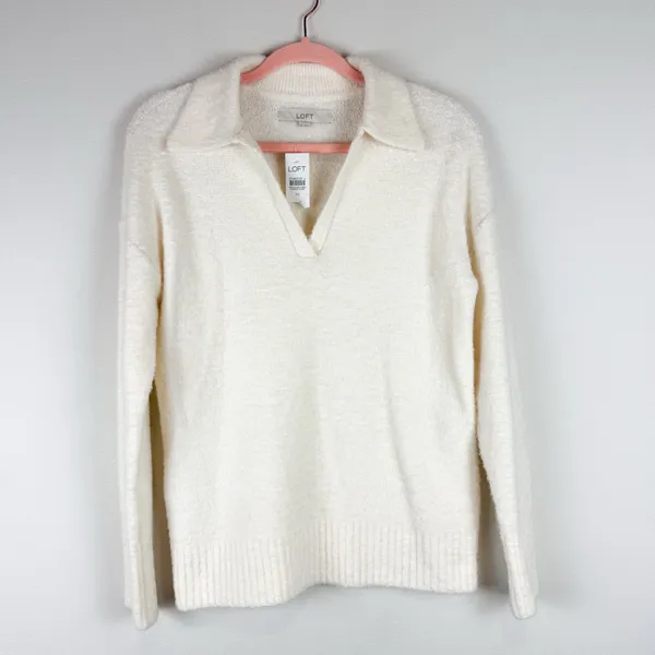 NWT LOFT Boucle Polo Sweater Ivory‎ Cream Soft Knit Size XS - Image 2
