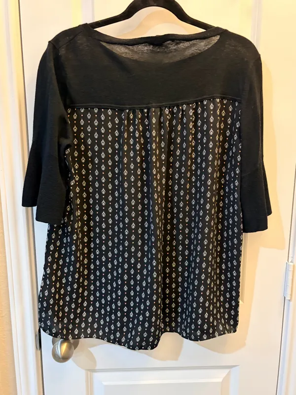 LOFT Black Mixed Media Tunic Top Large Bell Sleeve Printed Flowy Blouse - Image 2