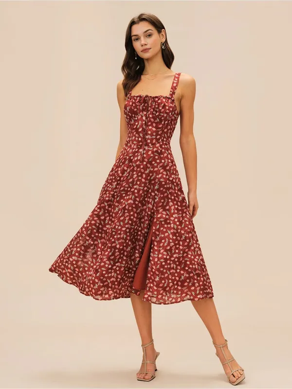 Rihoas Wine Red Floral Slip Midi Dress - Image 5