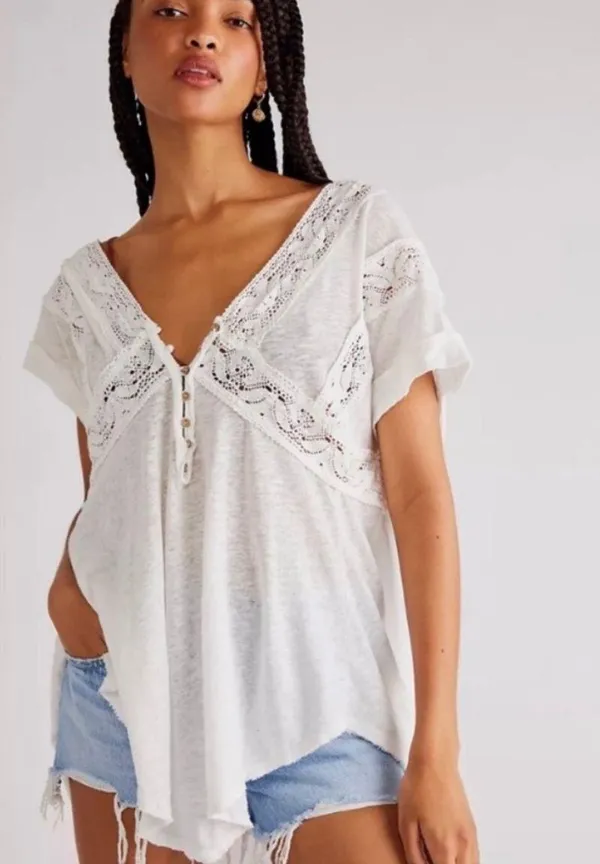 Free People nwt bohemian crochet oversize white cotton Linen top blouse tunic - Image 5