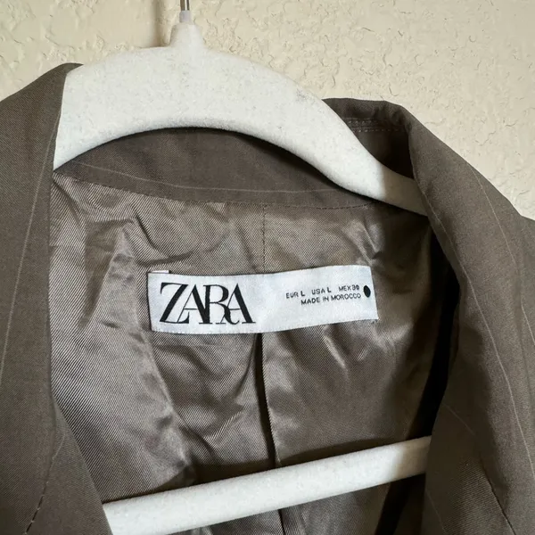 Zara Belted‎ Plaid Blazer Coat Sz Large Brown Grey - Image 4