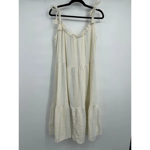 Time and Tru Womens Ivory Stripes Tiered Midi Dress Tie Tassel Strap NEW Large - Image 3