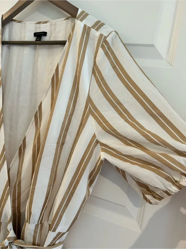 Ann Taylor Striped Wrap Dress Puff Sleeves Tan White Size XXL - Image 9
