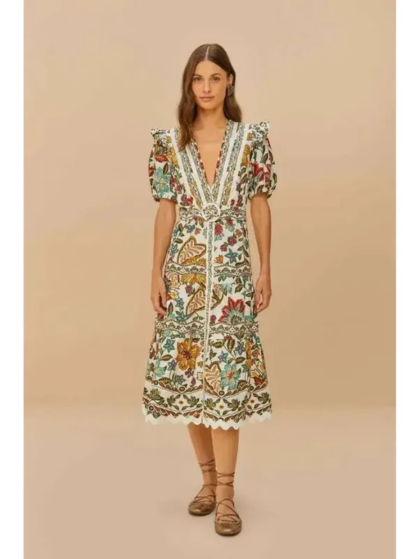 FARM Rio Botanicals Belted Midi Dress in Small Womens Cotton Poplin Floral - Image 15