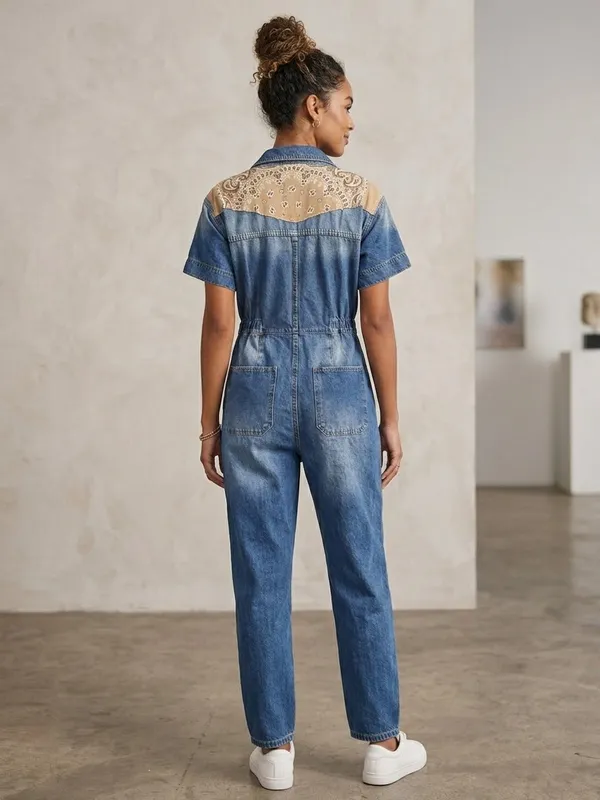 We The Free Blue Denim Short-Sleeve Jumpsuit with Tan Bandana Panels - Image 2