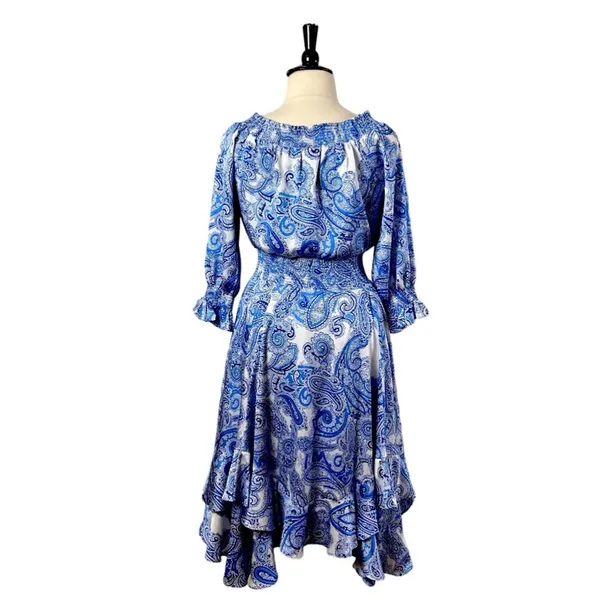 Tahari New Smocked Dress Asymmetrical Ruffle Hem Blue Paisley NWT Women Size 16 - Image 6