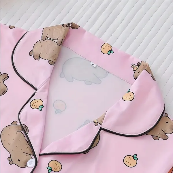Pink Teddy Bear Pajama Set with Piping Details - Image 3