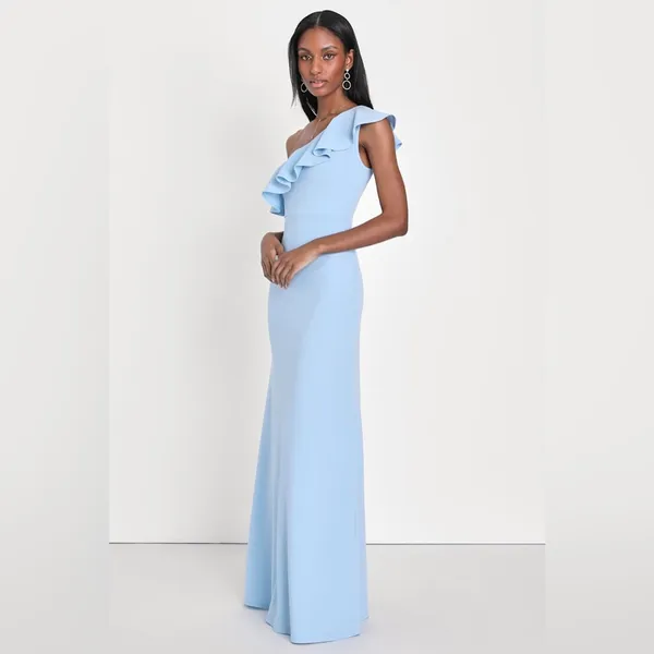 Lulus Last Forever Powder Blue One-Shoulder Ruffle Maxi Dress Size Small Formal - Image 4