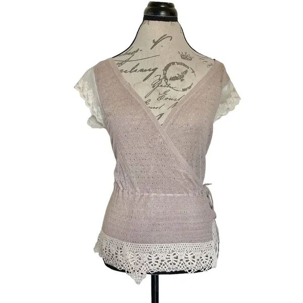 Banana Republic Women Knit Top Crochet Boho Neutral Lace Trim Surplice Wrap XS - Image 2