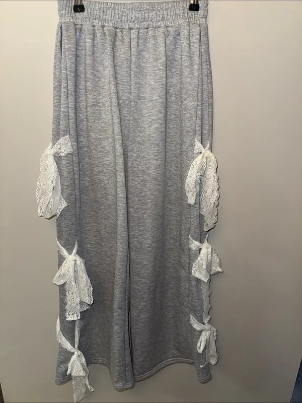 Gray Lounge Pants with Lace Bow Side Detail - Image 2