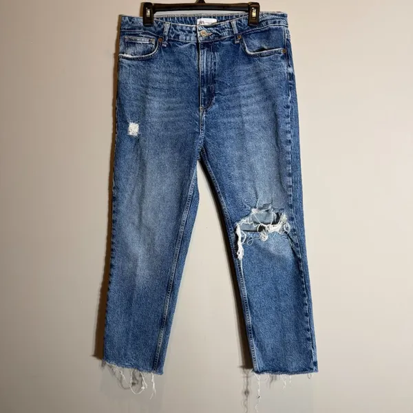 Zara TRF High Rise Distressed Straight Leg Denim Jeans Women's 14 Blue Raw Hem - Image 5