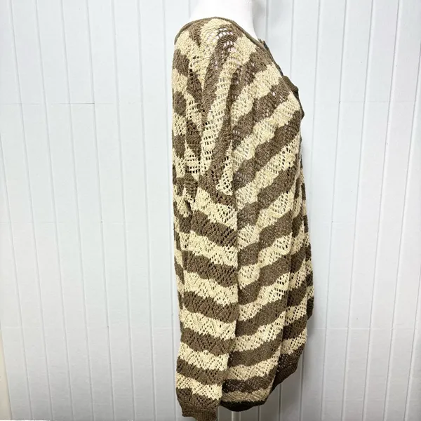 Peruvian Connection Vintage‎ Crochet knit Brown and Cream Striped Sweater Size L - Image 4