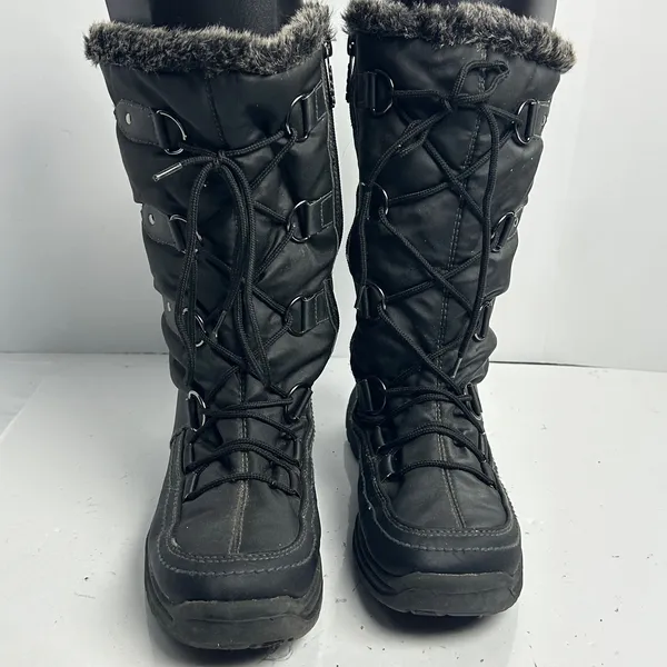 Totes Emily Black Faux Fur Trim Winter Snow Boots Size 8M Side Zip LaceUp Flaw - Image 2