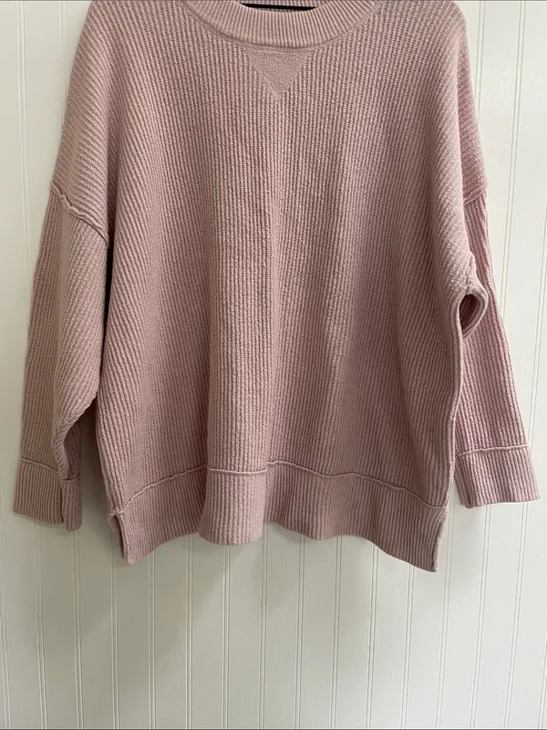 AERIE Ribbed Texture Crewneck Sweater Exposed Seams Soft Chenille Pink Size L - Image 5