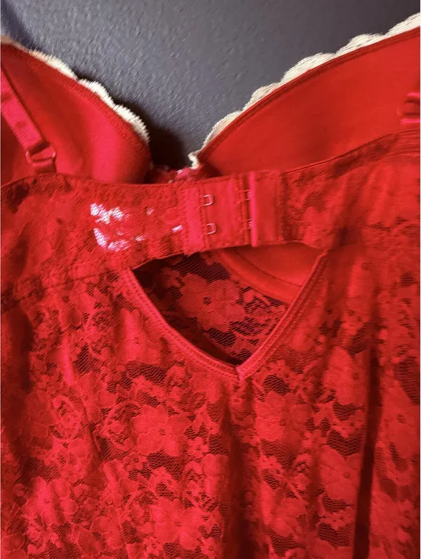 Red Lace Lingerie Dress with White Trim and Adjustable Straps - Image 9