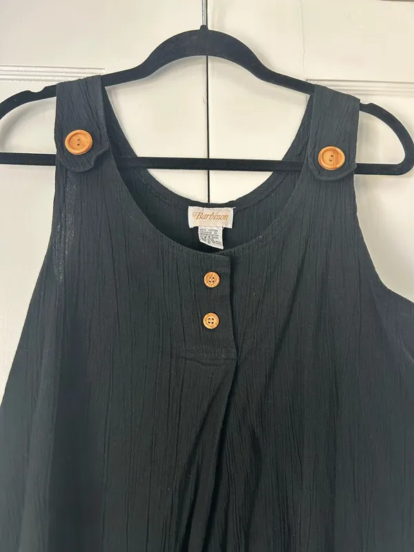 VTG Barbizon Black 100% Cotton Crinkle Gauze Dress Nightgown Shift Wooden Button - Image 2