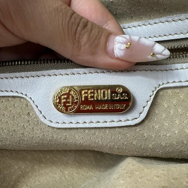Fendi Vintage Satchel Bag Womens Medium White Leather Italy Top Handle FF - Image 4
