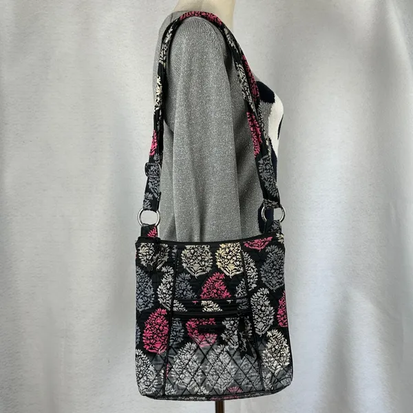 Vera Bradley Crossbody Bag Purse Quilted Black Pink Gray Floral Shoulder Bag‎ - Image 10