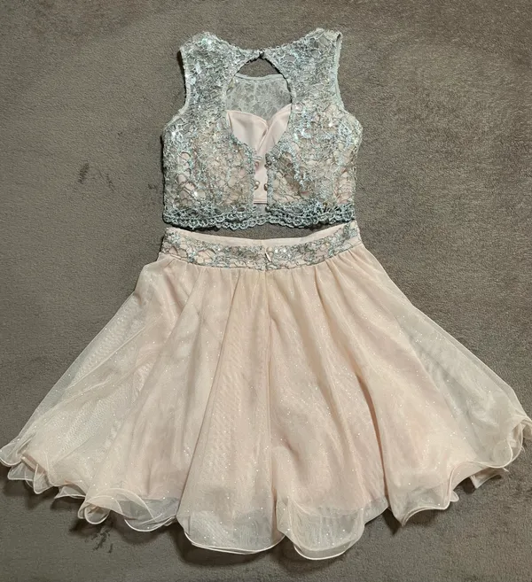 homecoming dress - Baby Pink & Silver Two Piece Sequins Crop Chiffon Style Bottom - Image 2