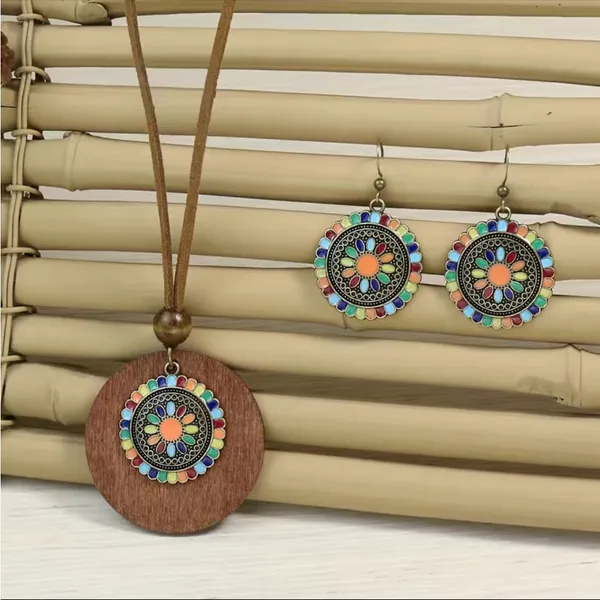 Boho Necklace‎ & Earrings Set Colorful Flower Design Tribal Accessories - Image 12