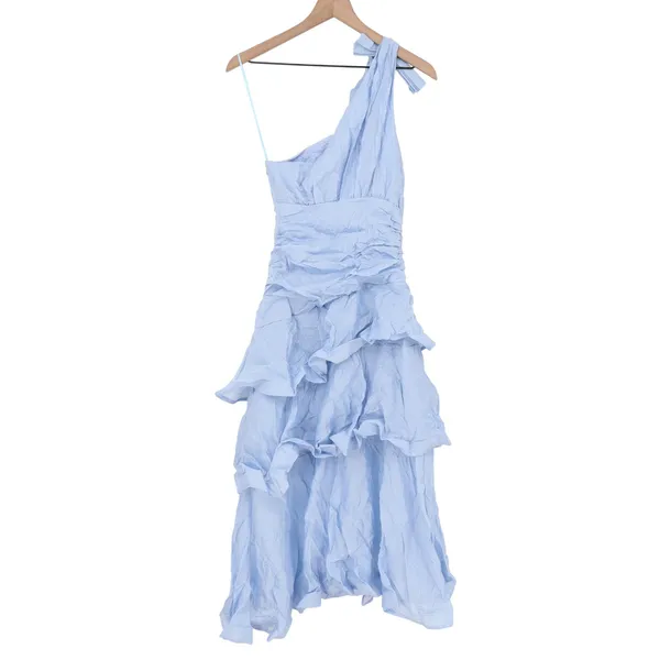 Showpo Eugenia Midi Dress One Shoulder Ruffle Tiered Pale Blue Size 4 - Image 6