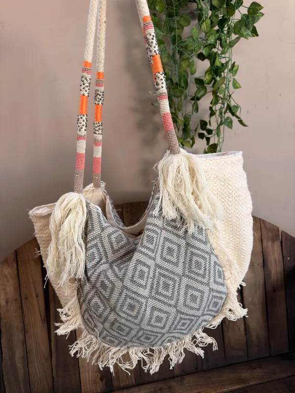 MERONA cloth tote ivory with beads handles India. Exclusive decoration - Image 9